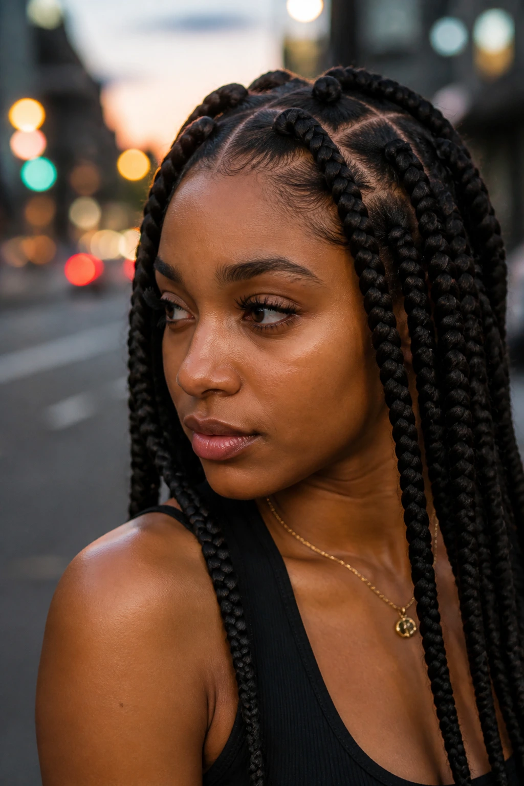 Real woman with jumbo knotless braids on urban street at dusk