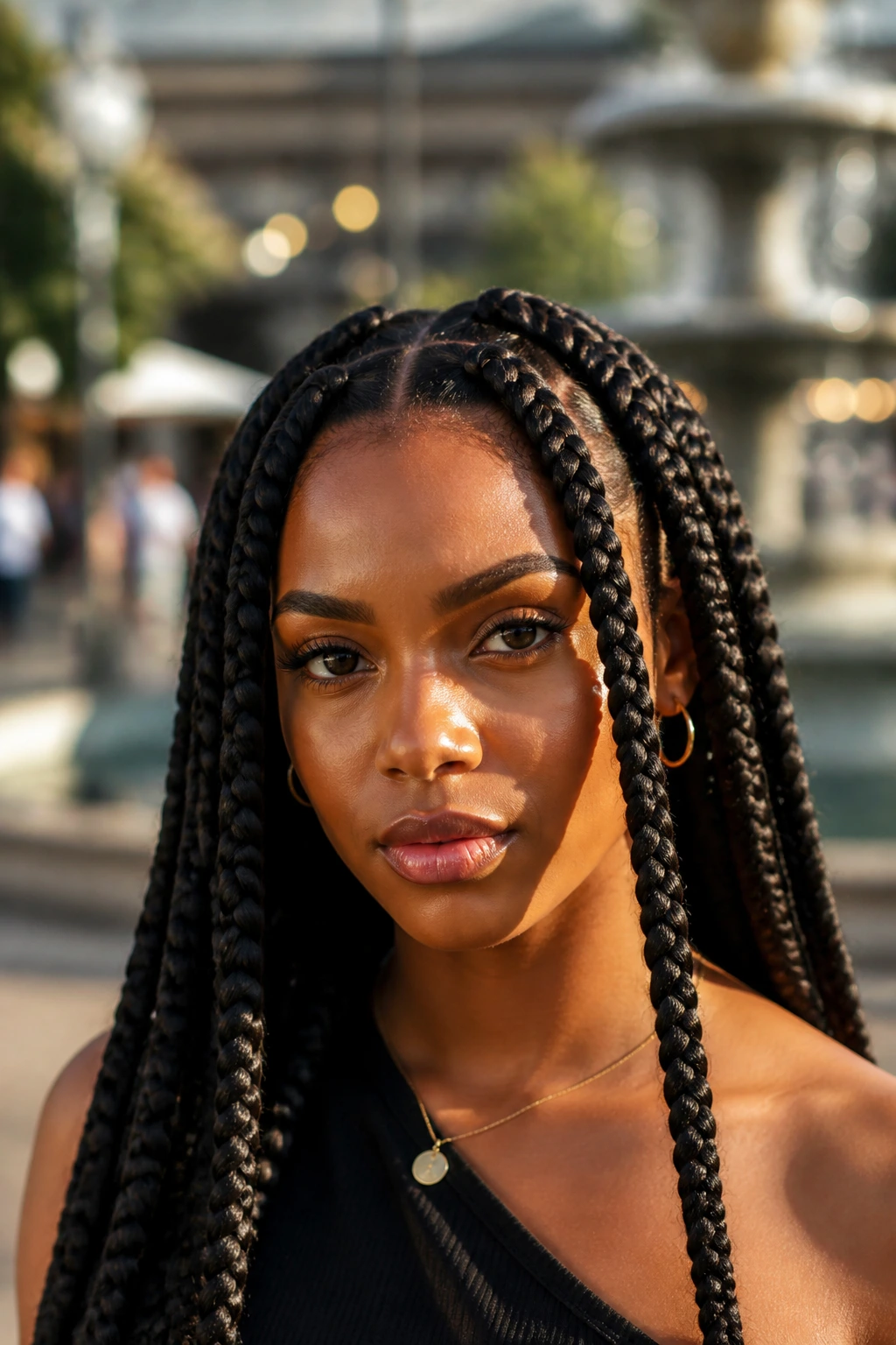 Close-up of a person with jumbo knotless braids in an outdoor plaza setting.
