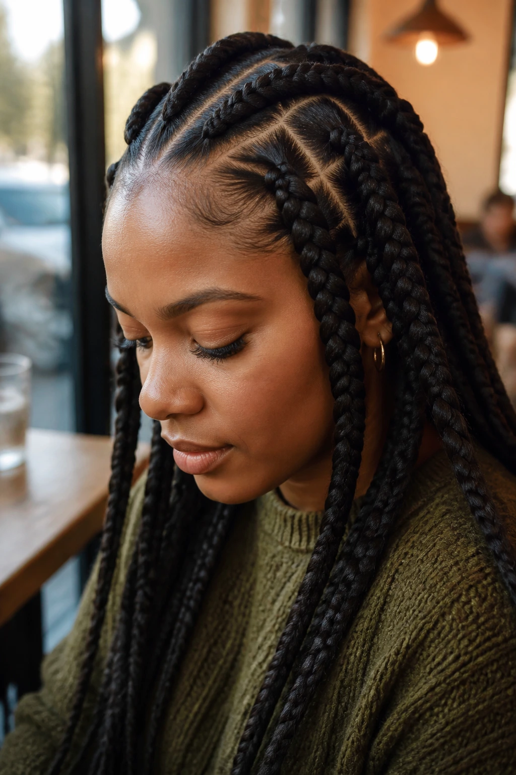 Close-up of a real woman wearing jumbo knotless braids