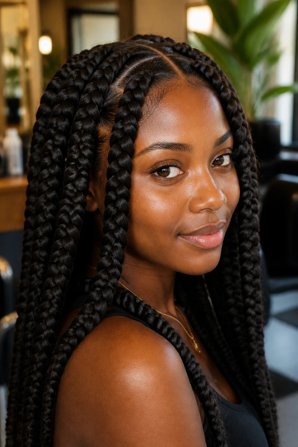 Close-up portrait of a real woman with jumbo knotless braids in warm salon light