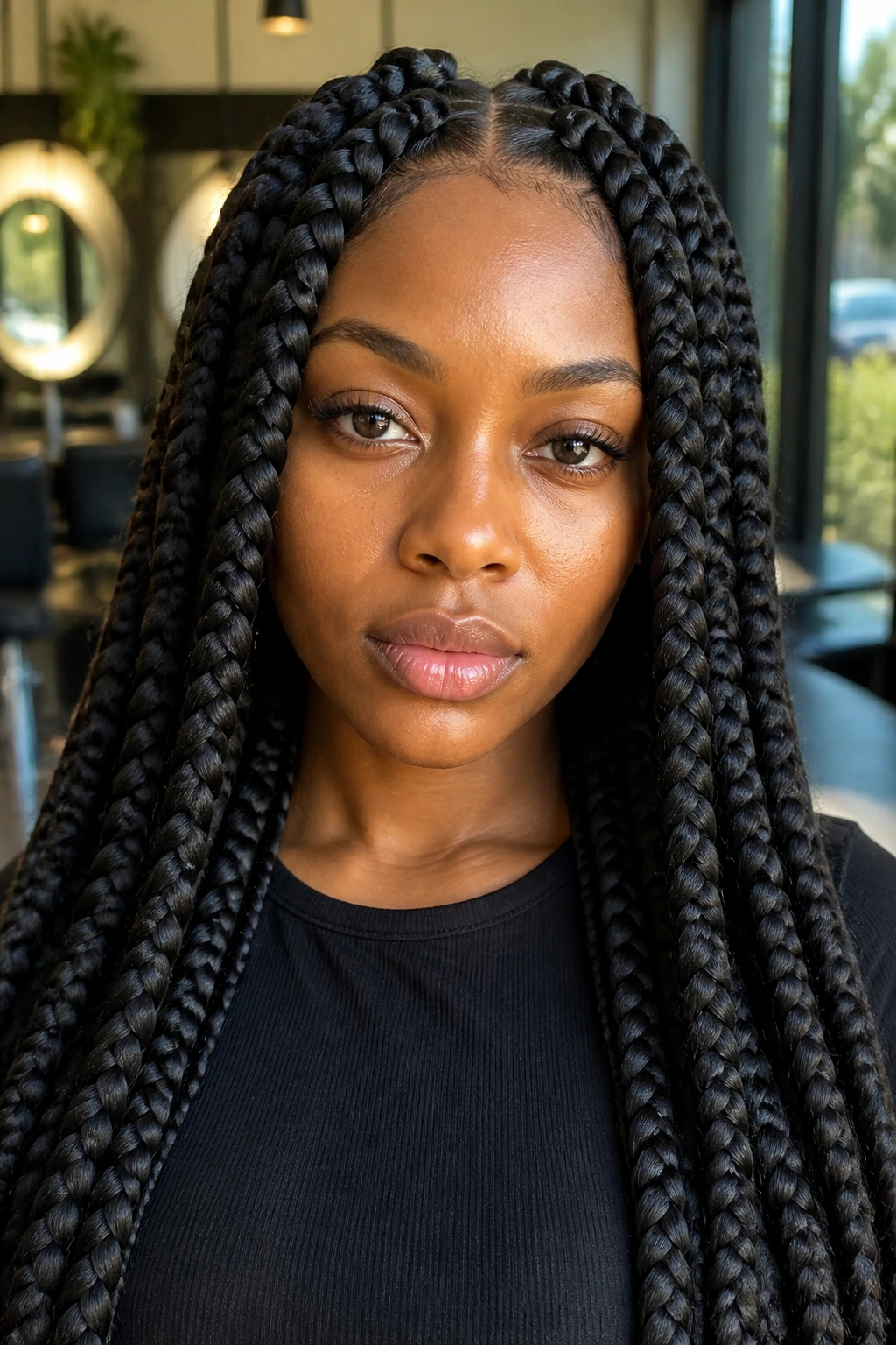 Close-up of a real person wearing jumbo knotless braids