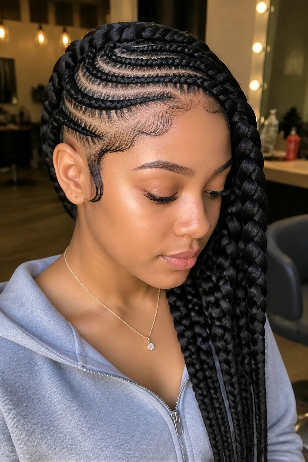 Close-up of jumbo lemonade braids on a real woman