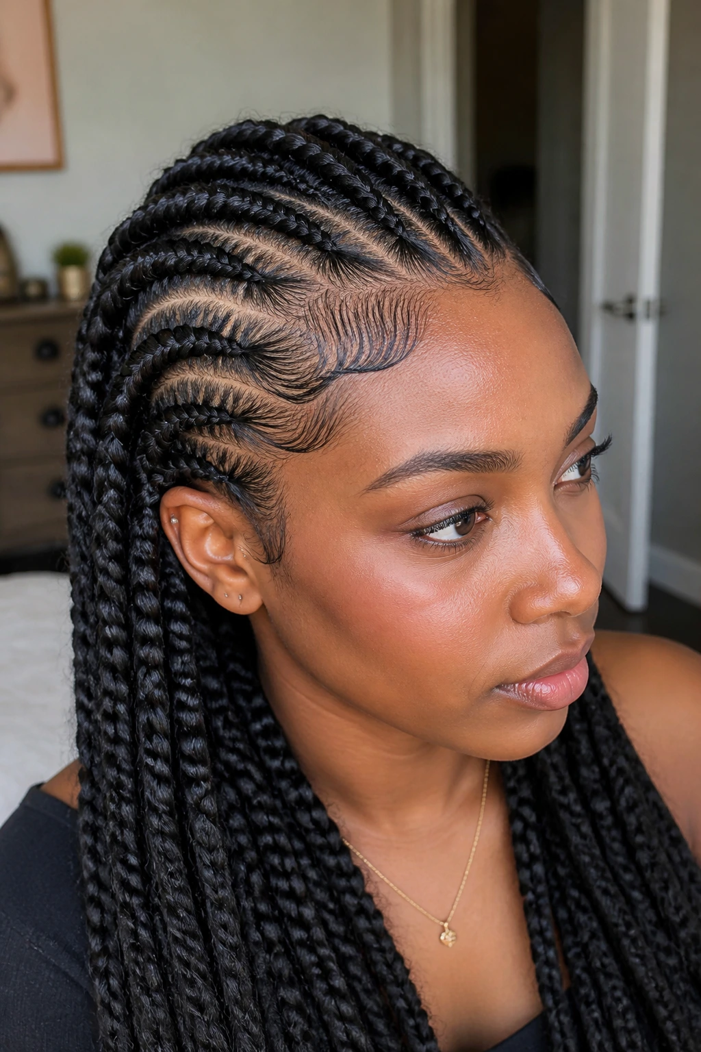 Close-up of natural hair blended with medium-weight extensions.