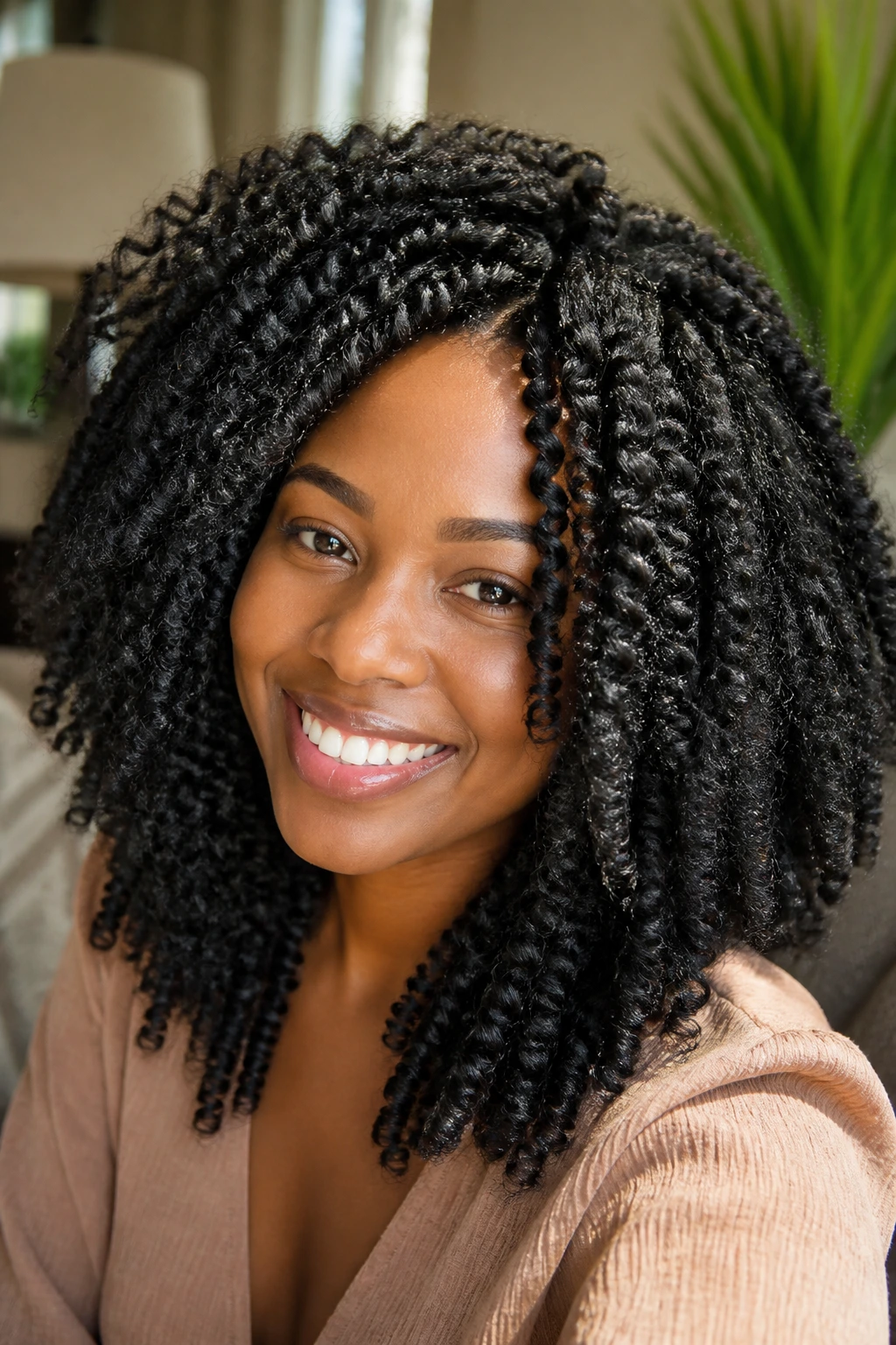Close-up of a real woman with Kinky Coily Crochet Twists, thick voluminous coils
