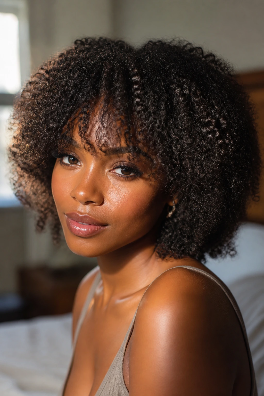 Close-up portrait of a real woman wearing a kinky coily lace-front wig with wispy bangs in warm window light.