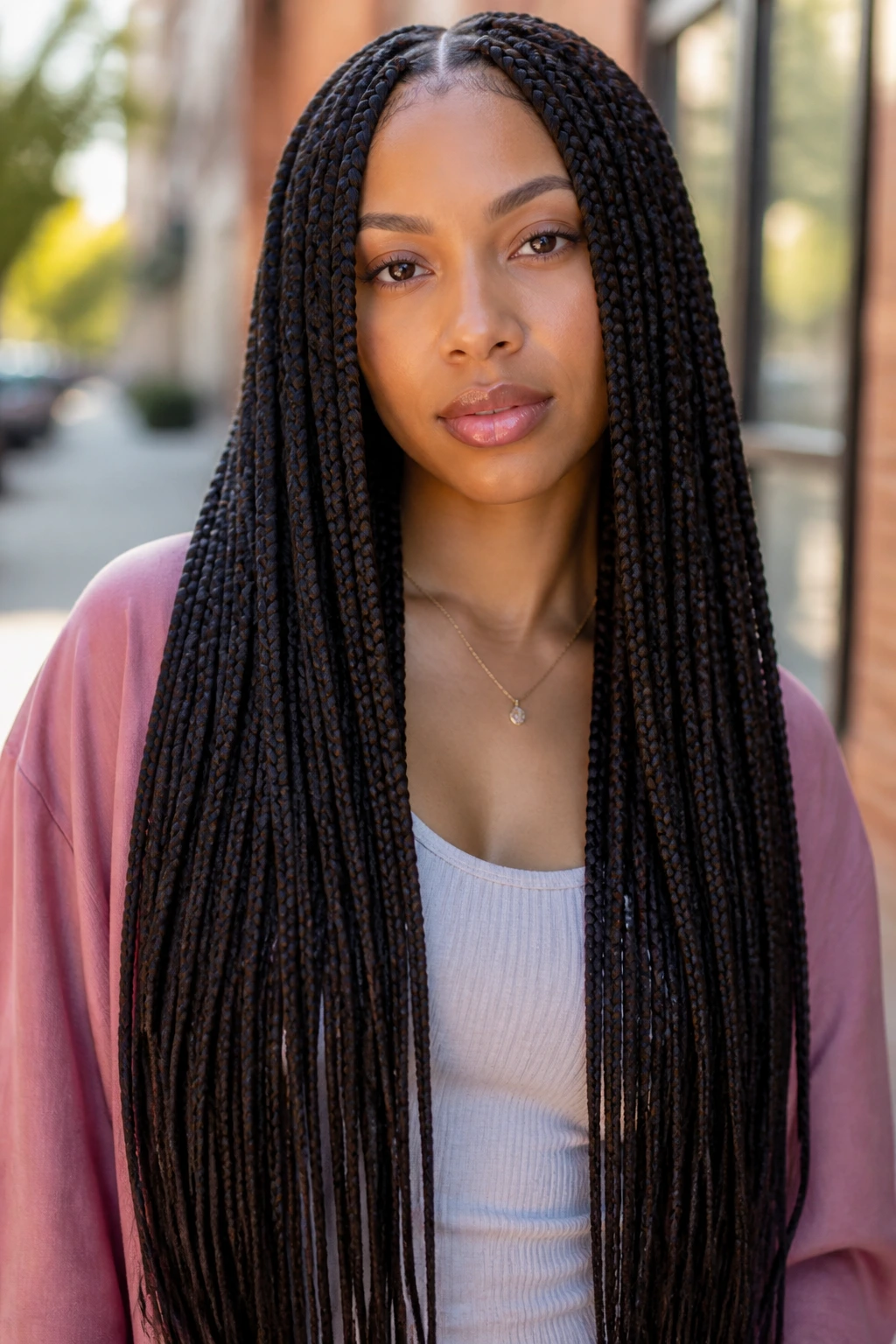 Close-up of waist-length knotless box braids on a real person