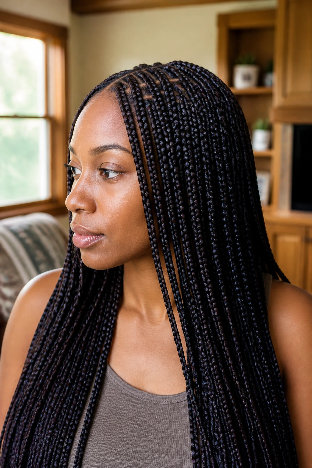 Close-up of a real person with Knotless Box Braids in a window-lit room.