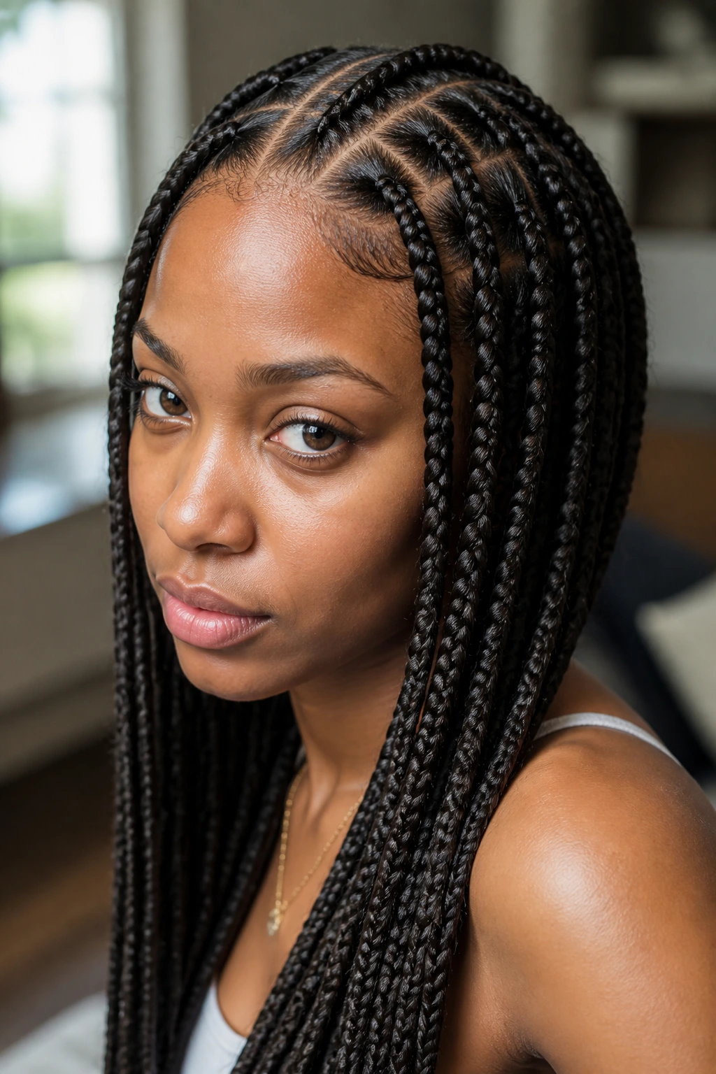 Close-up of a real woman with knotless braids filling the frame