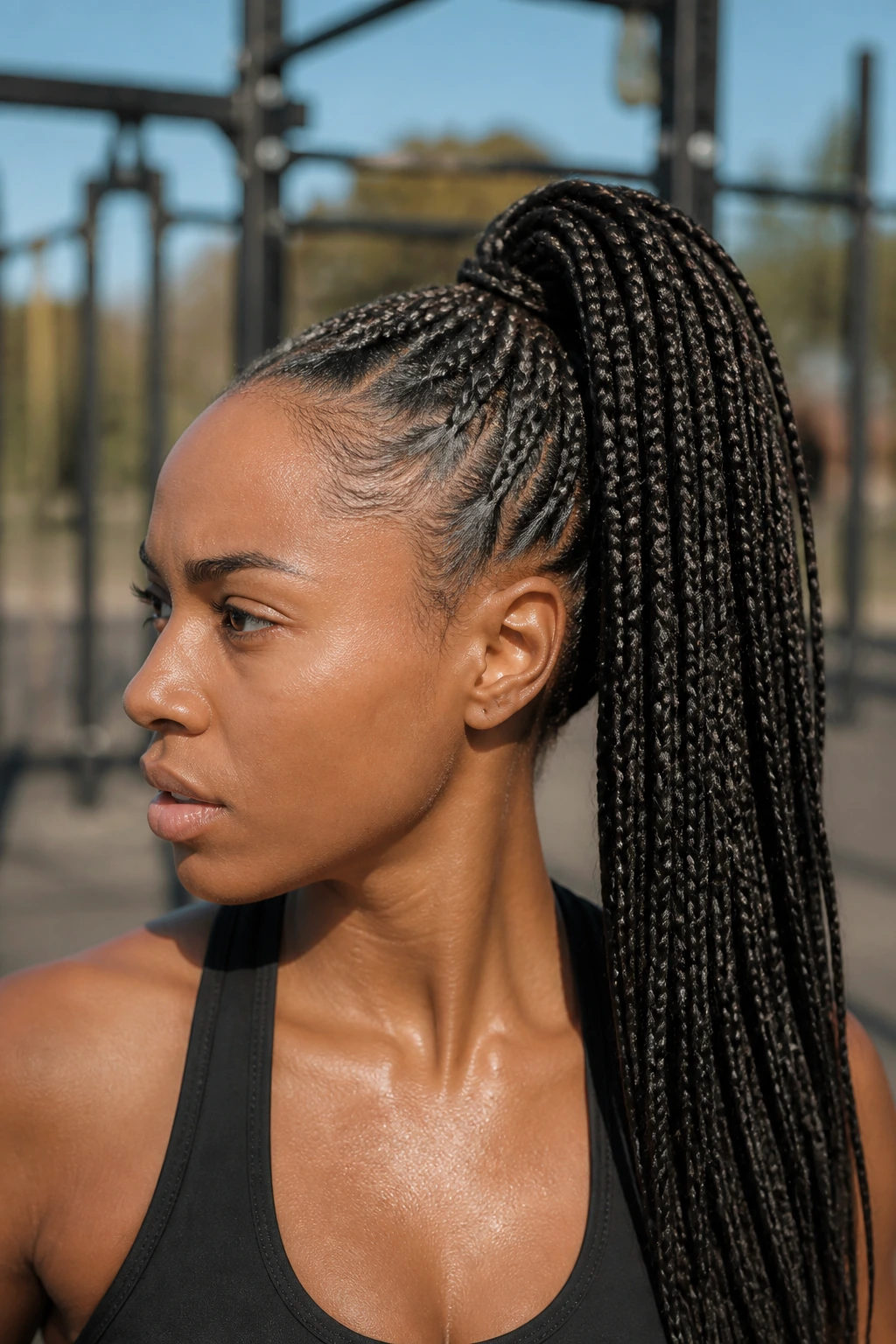 Real woman with knotless braids in a high ponytail under bright natural light
