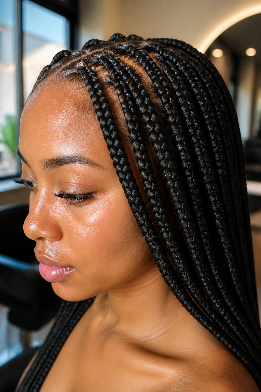 Close-up of a real woman with knotless braids in a softly lit salon