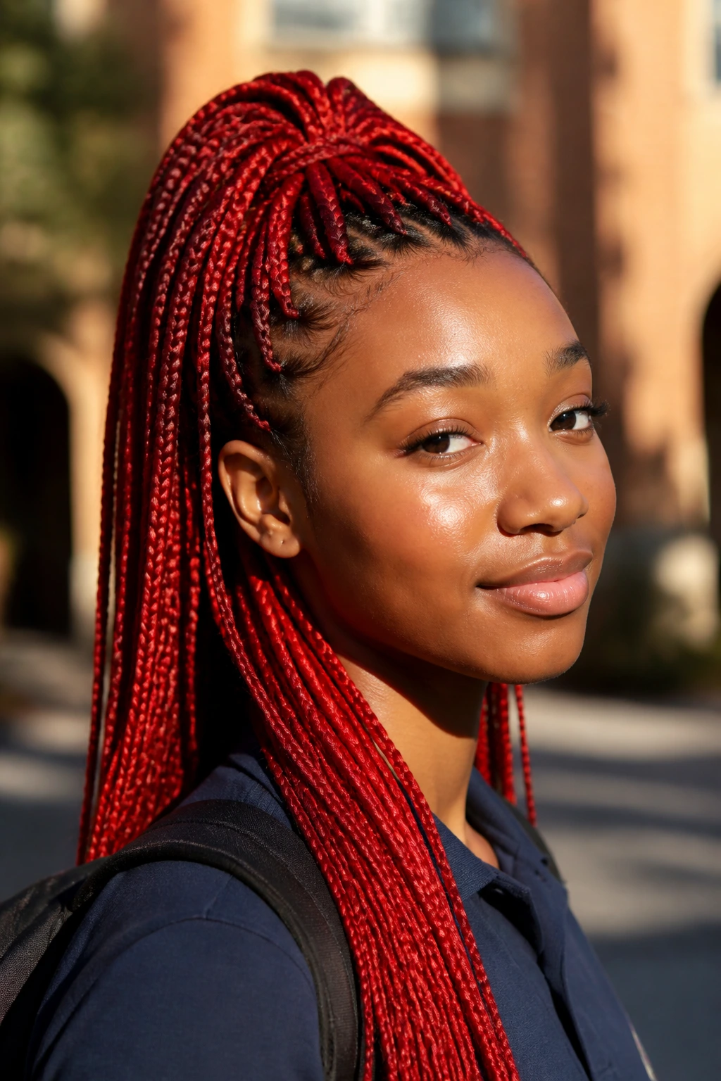 Student with knotless braids in fire-engine red in a school setting