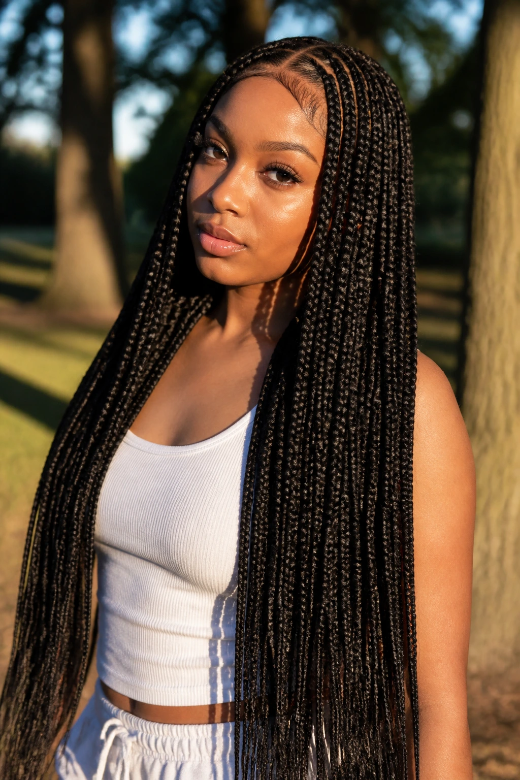 Close-up of waist-length knotless braids on a real woman.