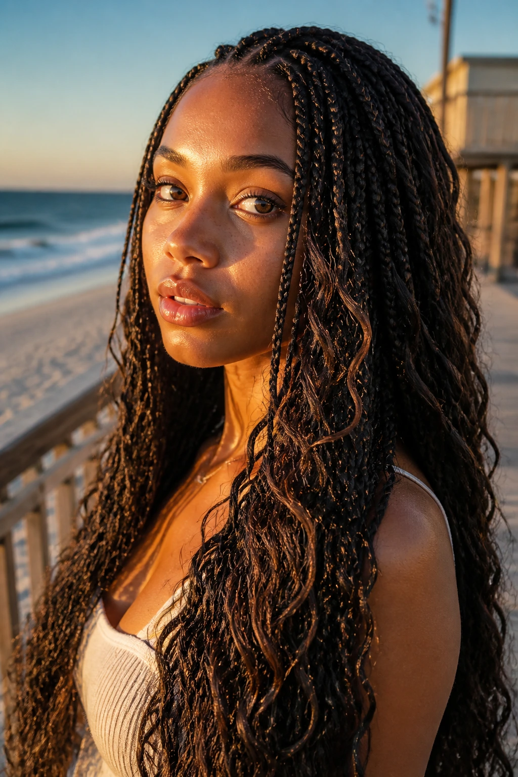 Close-up of a real woman with knotless braids featuring soft waves.