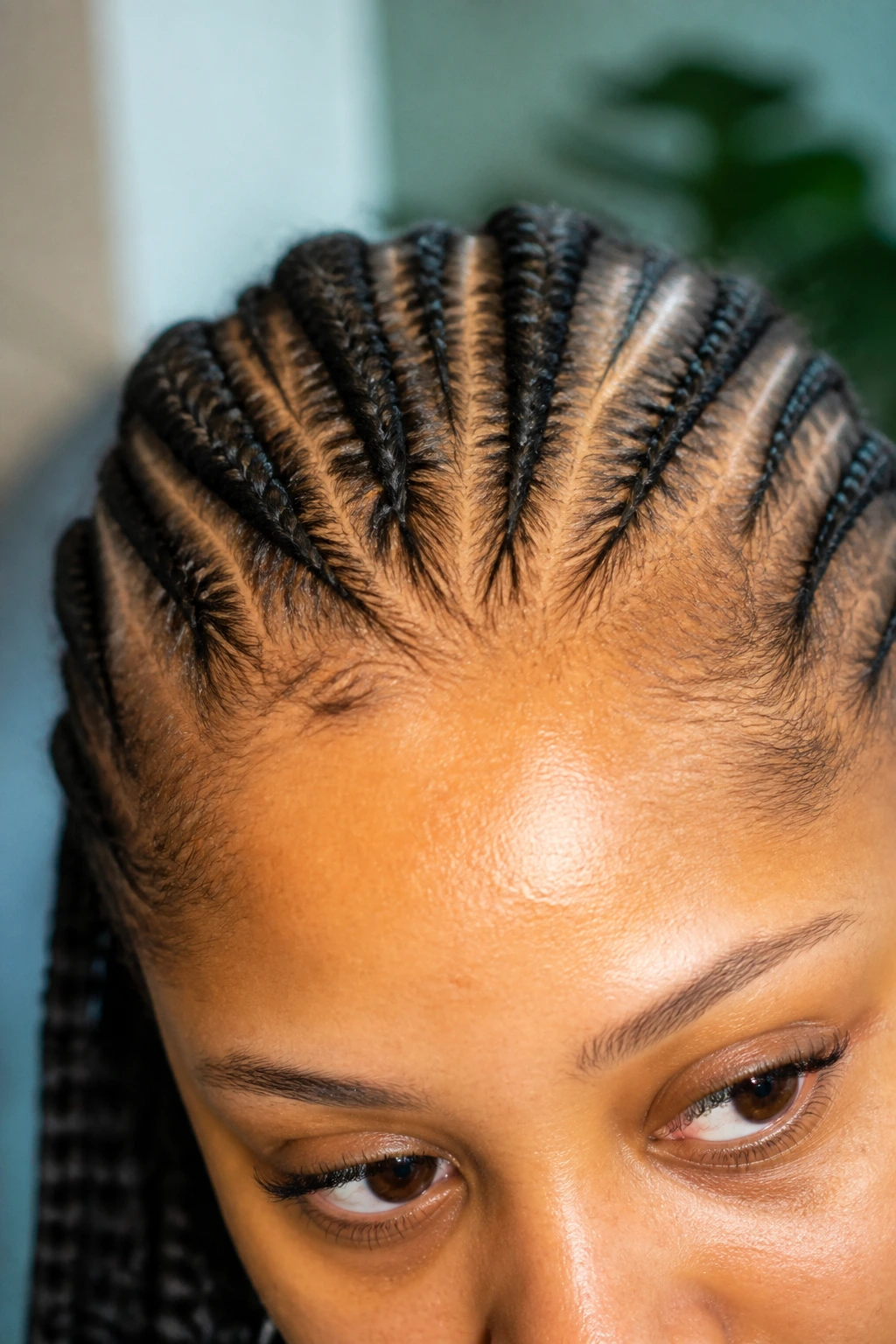 Close-up of knotless braid starting point at the hairline.