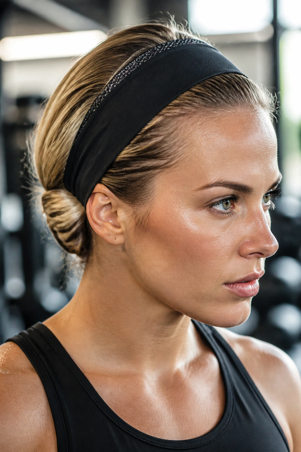 Close-up of a real woman with a knotted athletic headband tuck hairstyle