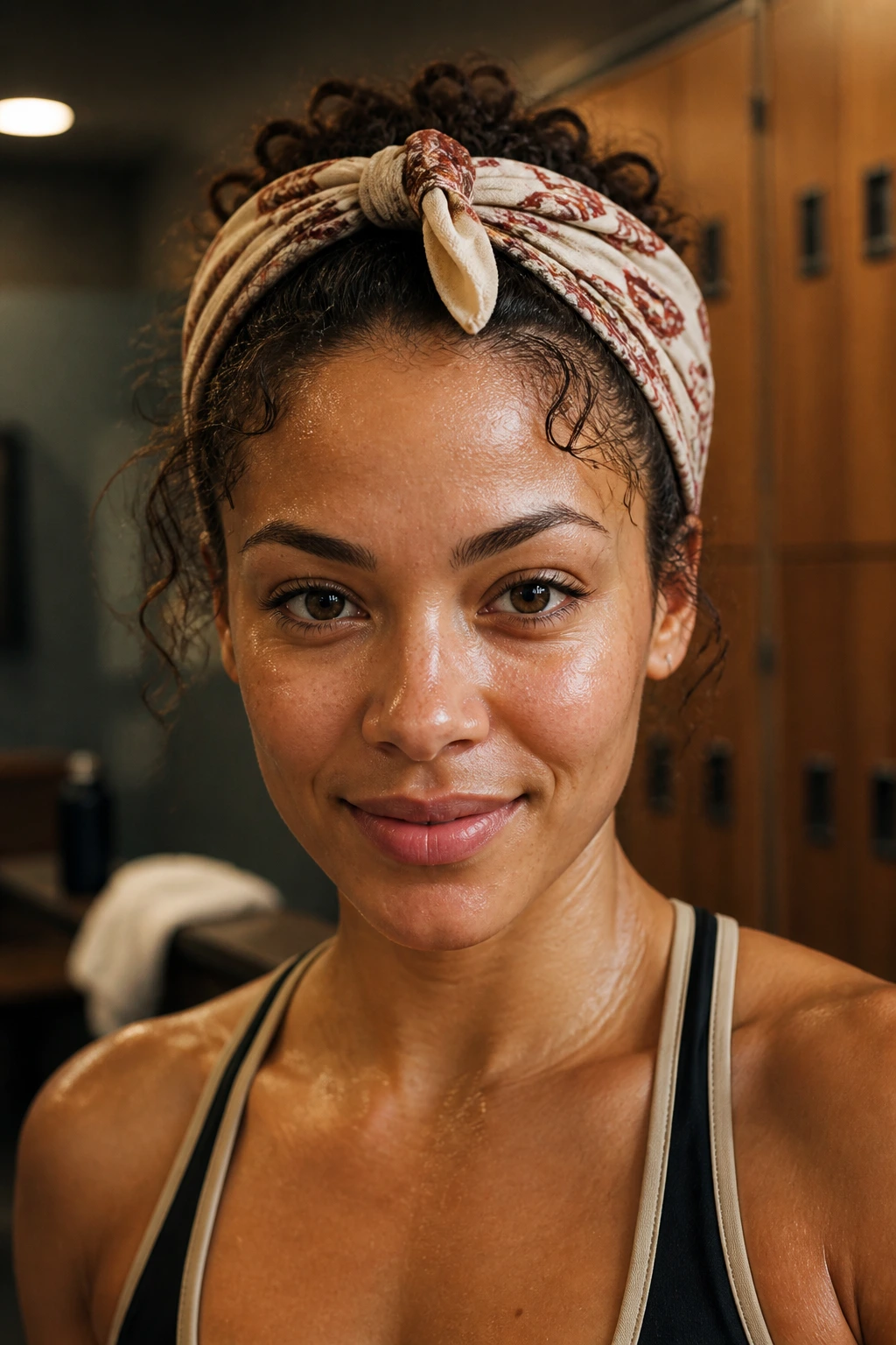 Close-up of a real woman wearing a knotted bandana for workout hair protection