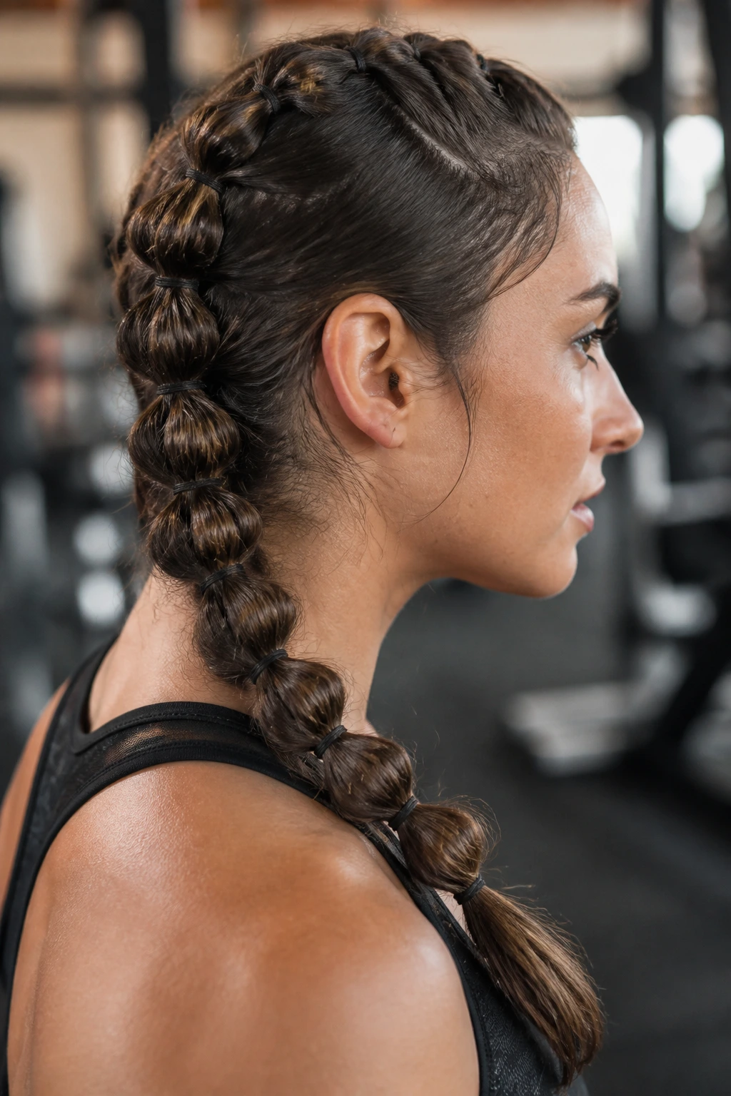 Close-up of a real person with a knotted braid secured for a workout.