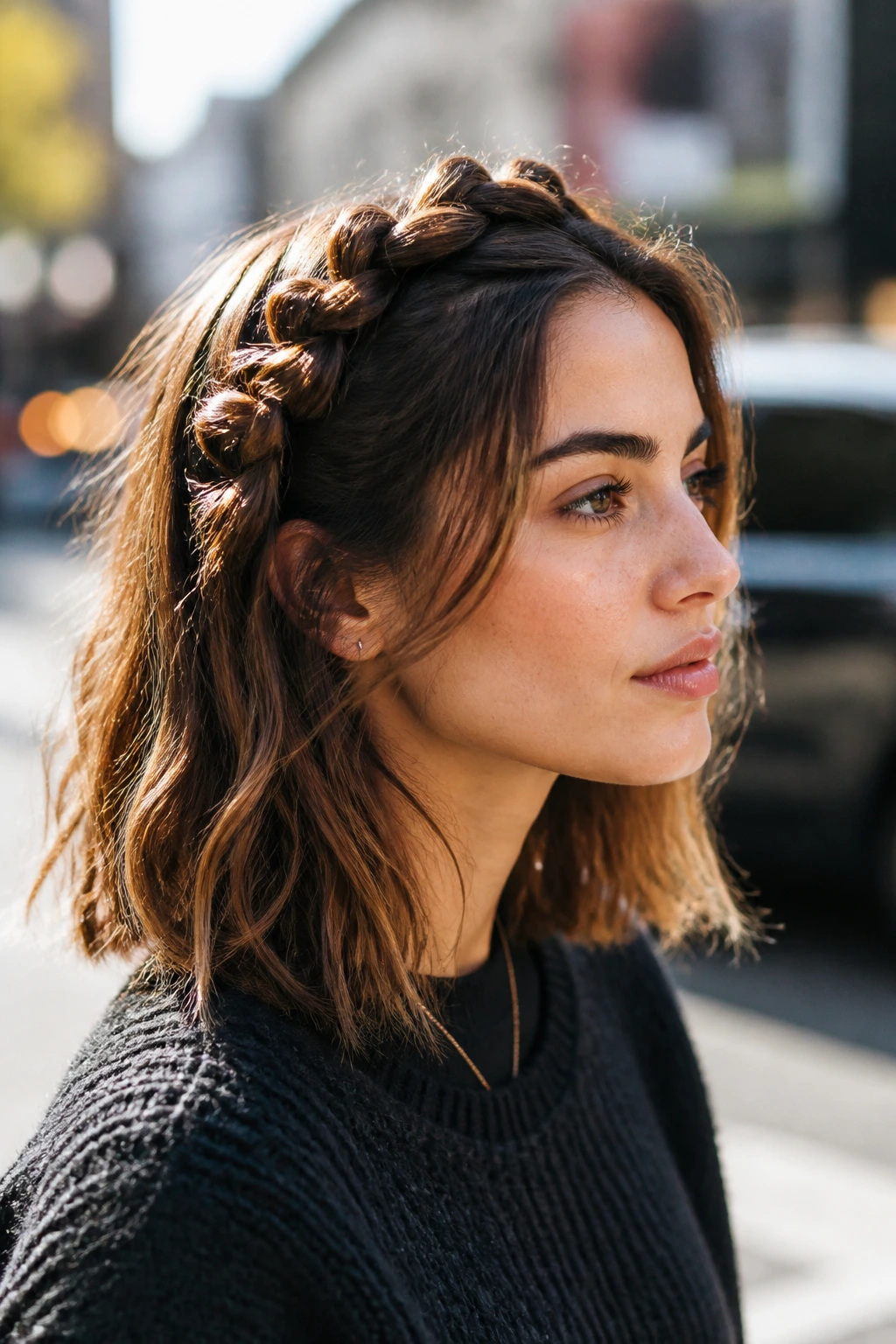 Close-up of a real woman with a knotted braid along the crown in urban daylight