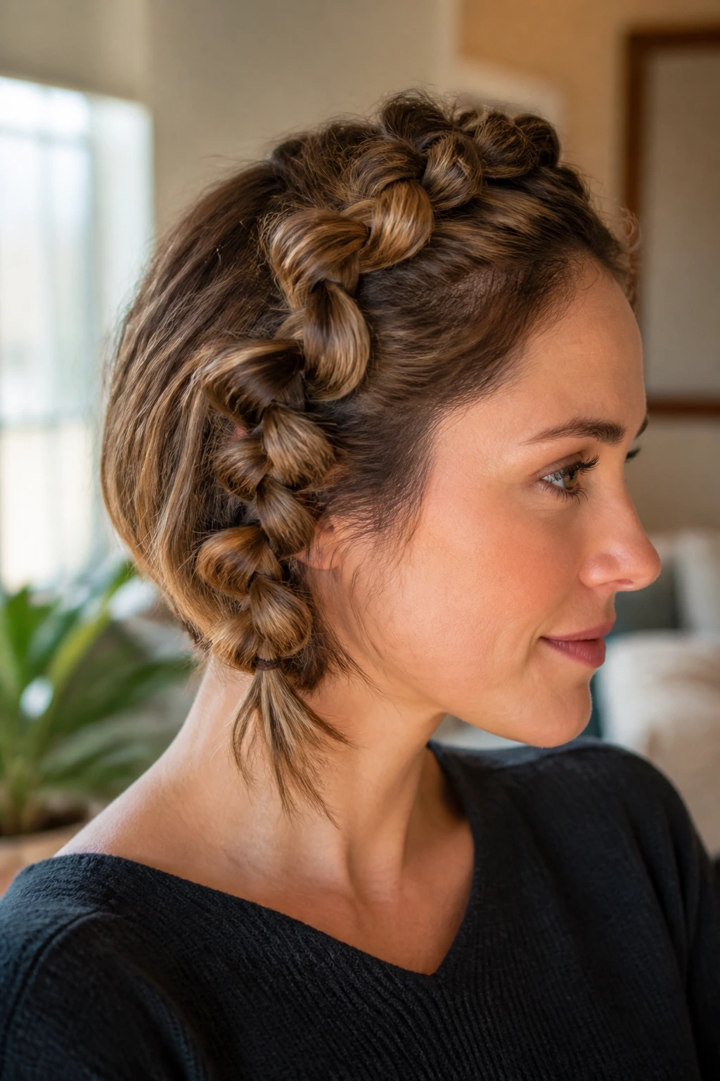 Close-up of chunky knotted braid on short hair in warm home lighting