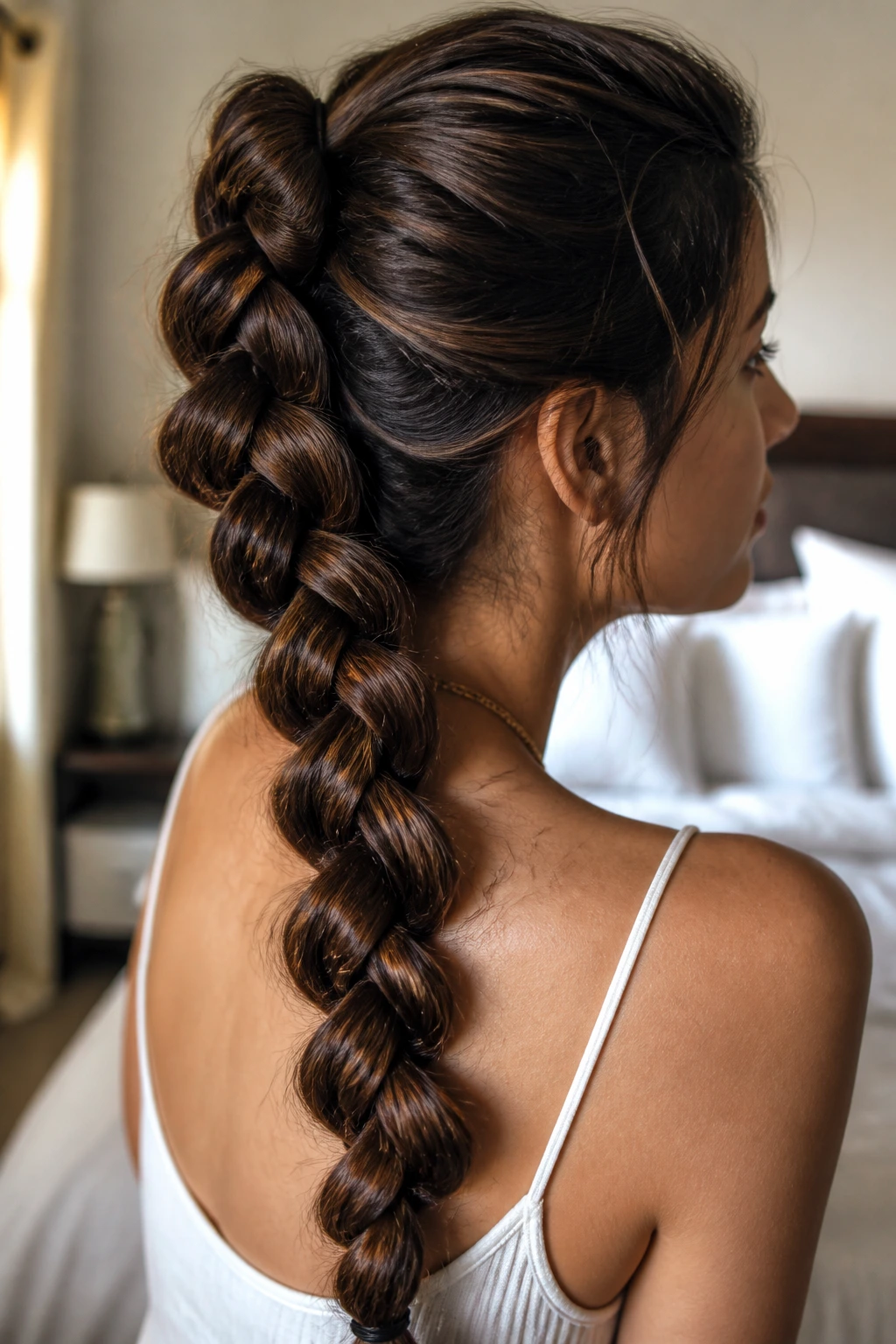 Close-up of a knotted braid on a real woman's head with visible knots and warm light