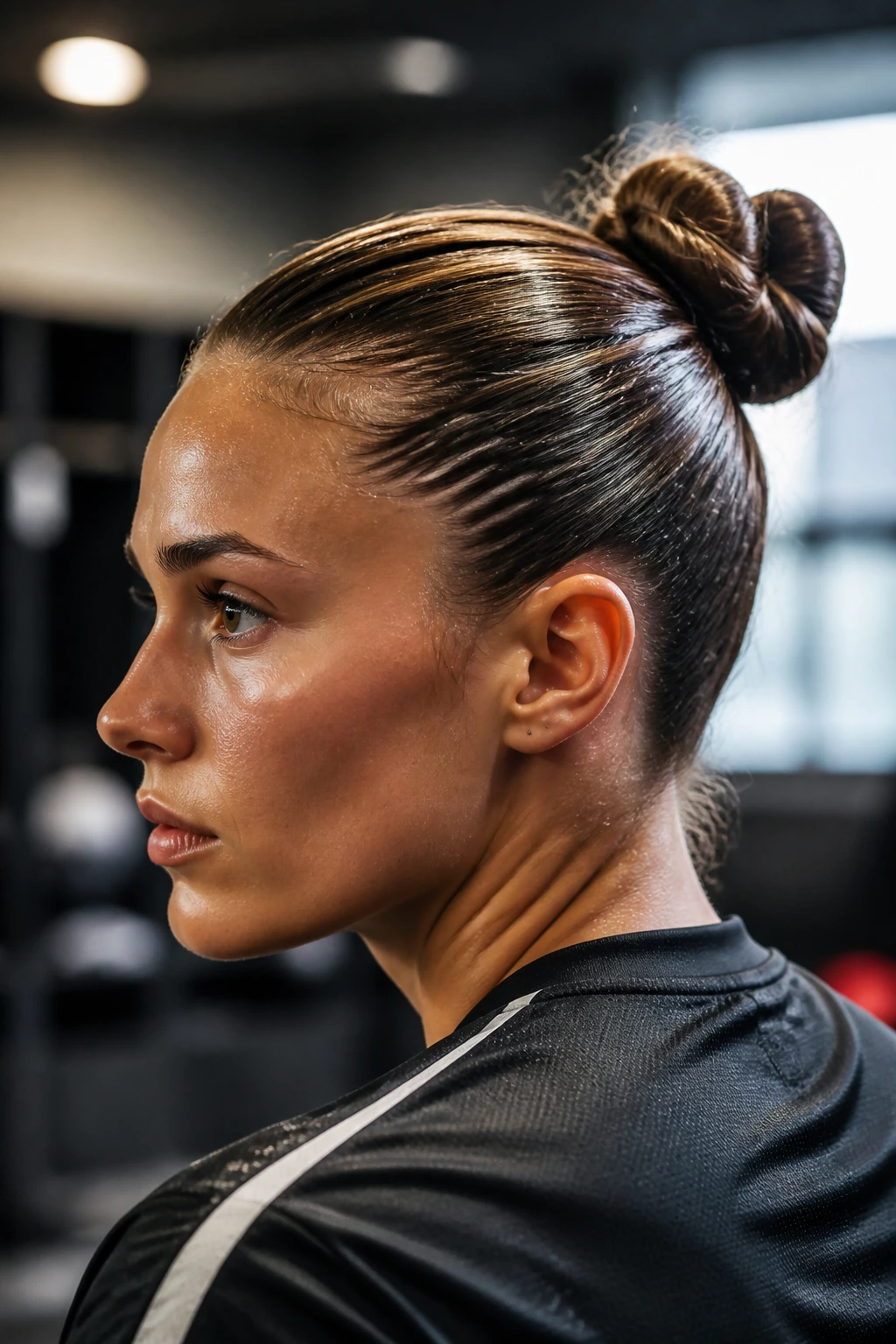 Close-up of a real athlete with a slicked-back knotted bun and glossy hair.