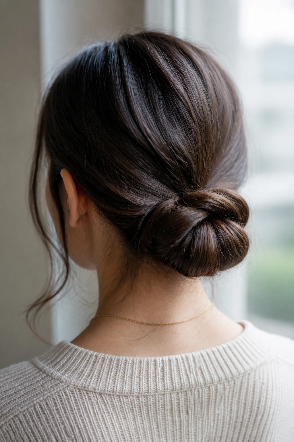 Back view of knotted low bun hairstyle on a real person
