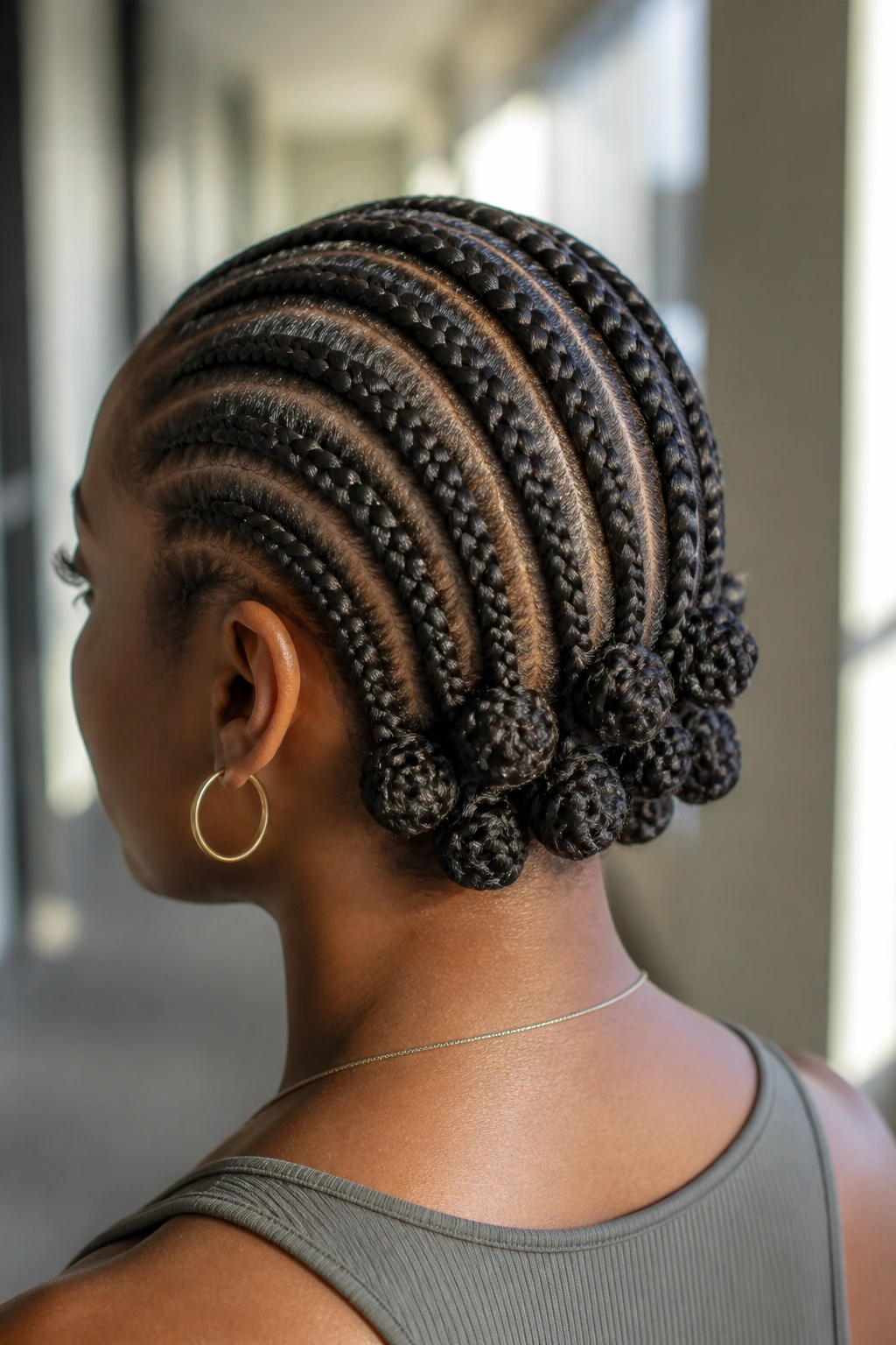 Close-up rear-side portrait of a real woman with knotted crown hair.