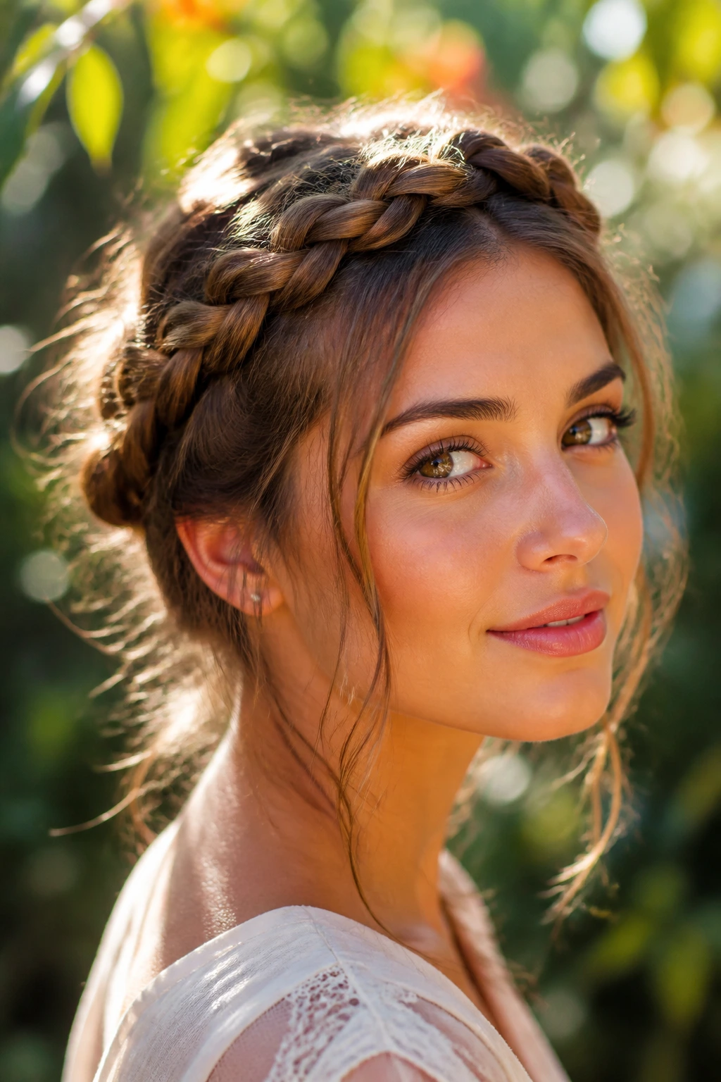 Close-up of a real woman wearing a knotted crown braid outdoors in golden hour light