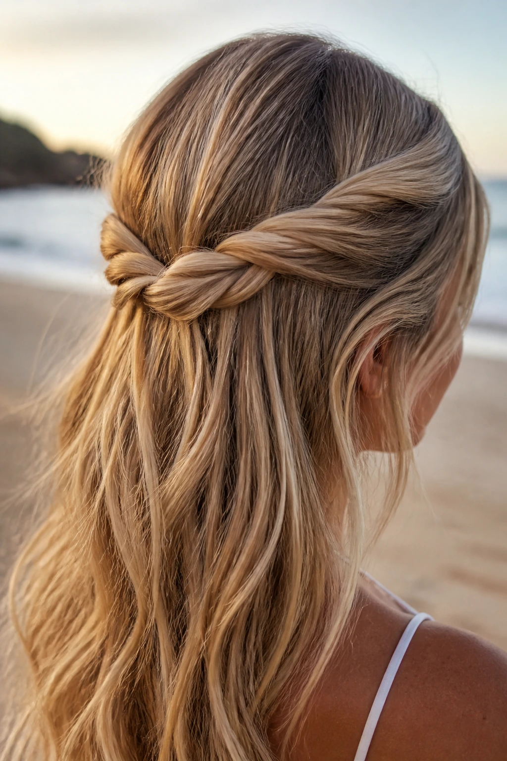 Close-up of a real woman showing a knotted half-up crown hairstyle at the beach