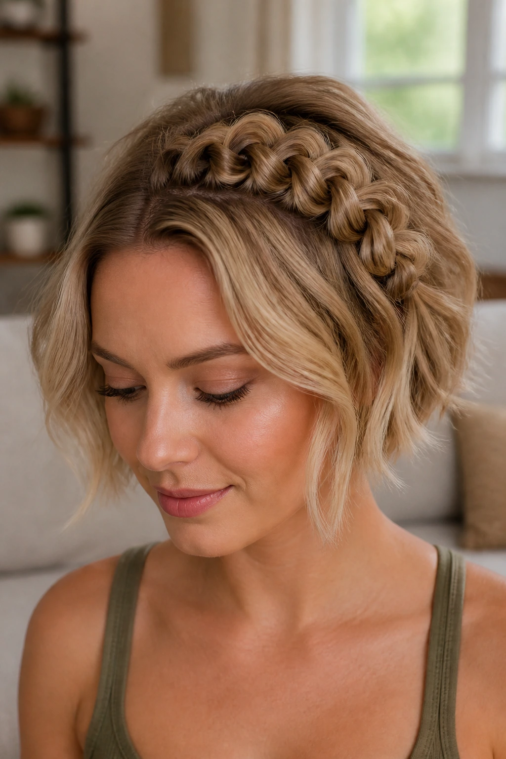 Close-up of a knotted faux-braid along the crown on a real person