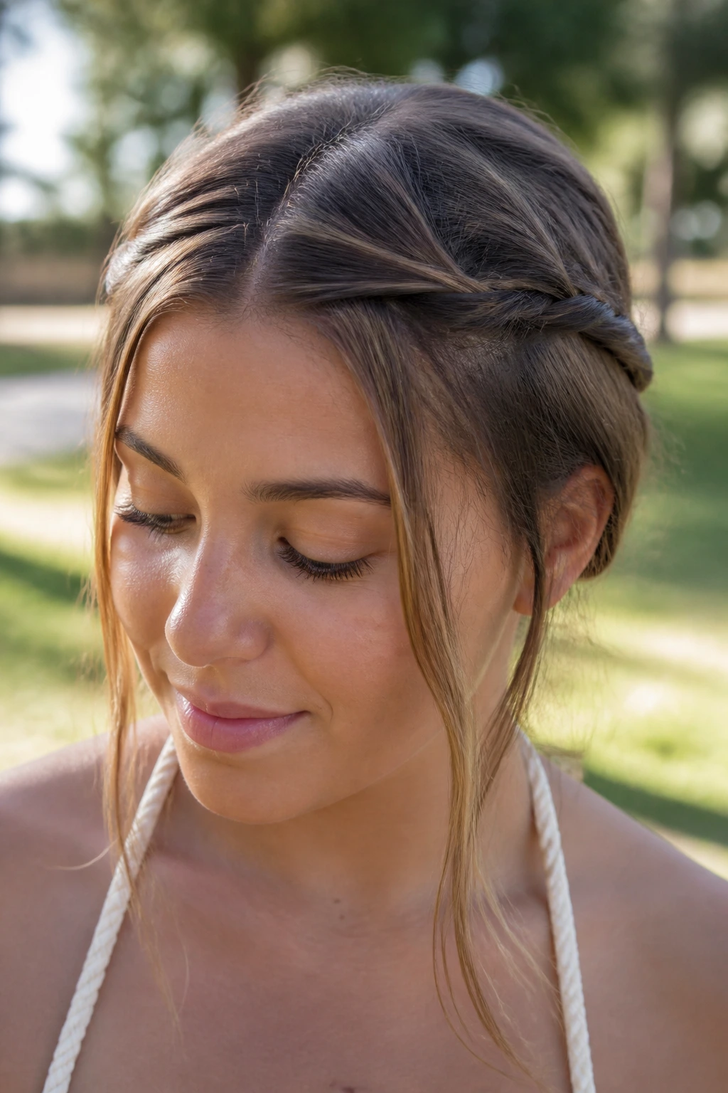 Close-up of front hair knotted at the back to frame the face