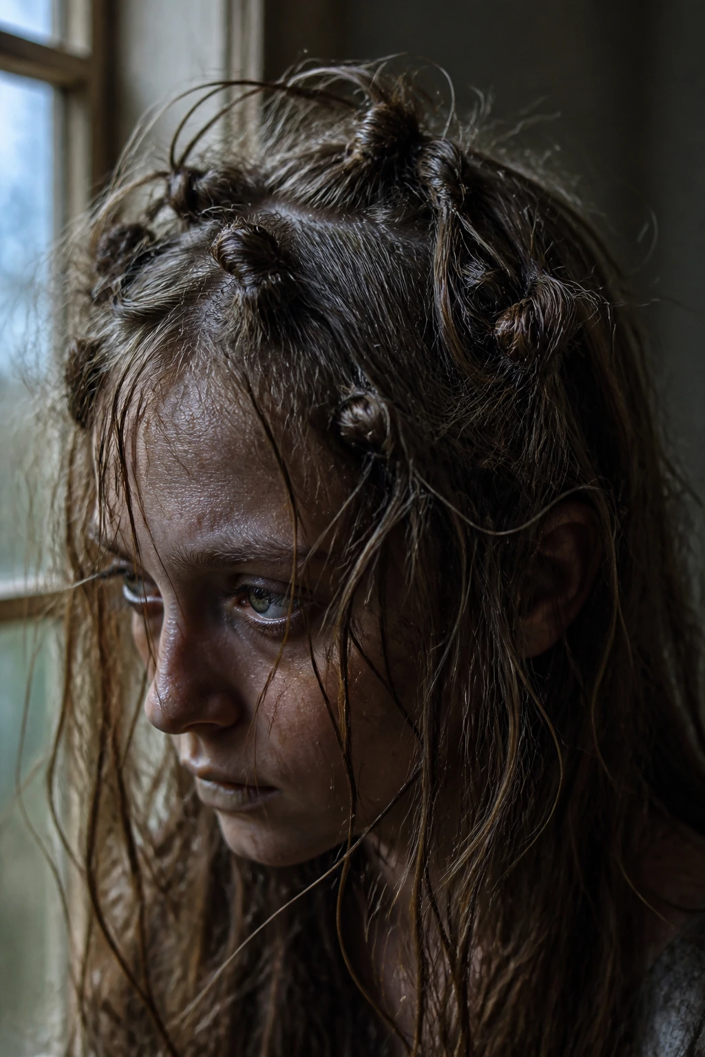 Close-up portrait of a real person with knotted, chaotic crown hair