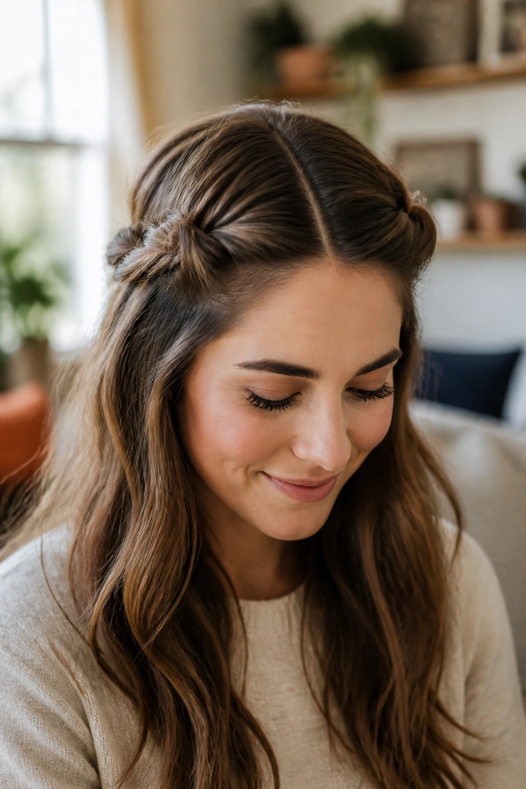 Close-up of a real woman wearing knotted half-up crown braid