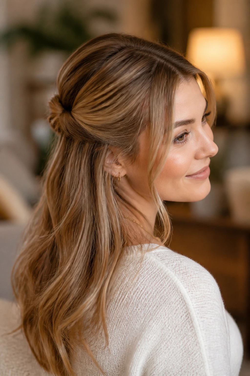 Close-up of a real woman showing a knotted half-up crown at the back of the head.