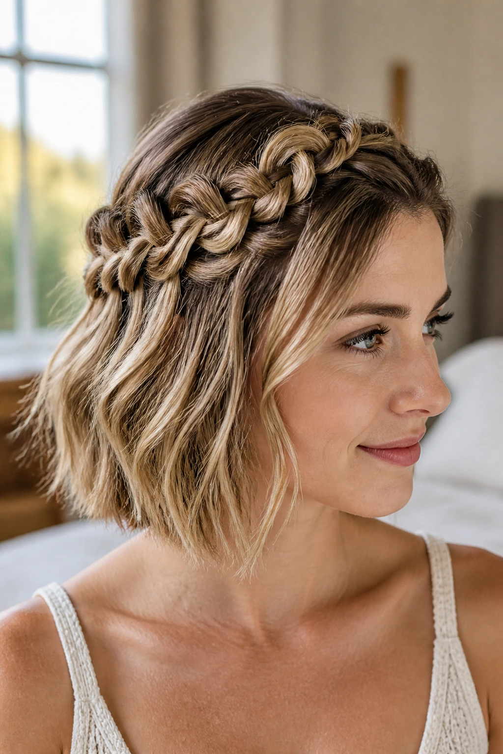 Close-up of knotted half-up crown on short layered hair