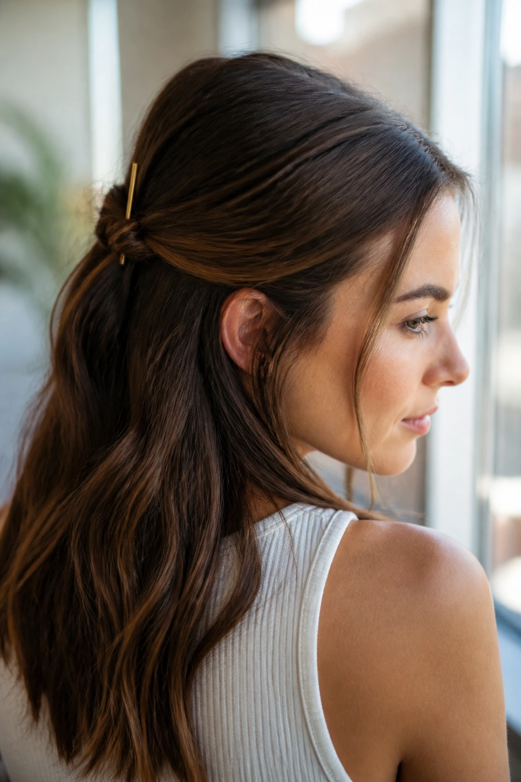 Real-person close-up showing a knotted half-up band at the back of the head.