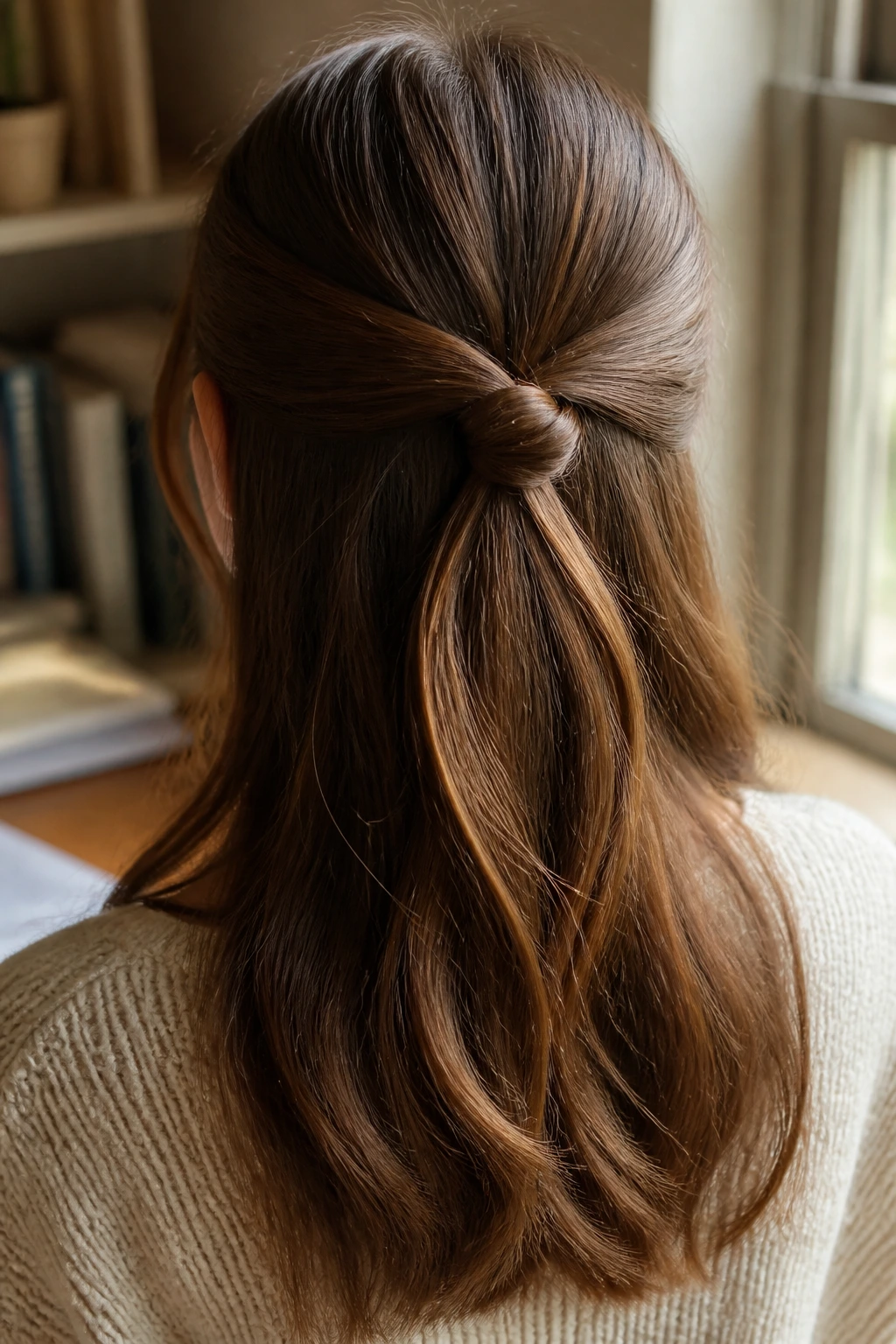 Close-up of a real person with a knotted half-up half-down hairstyle