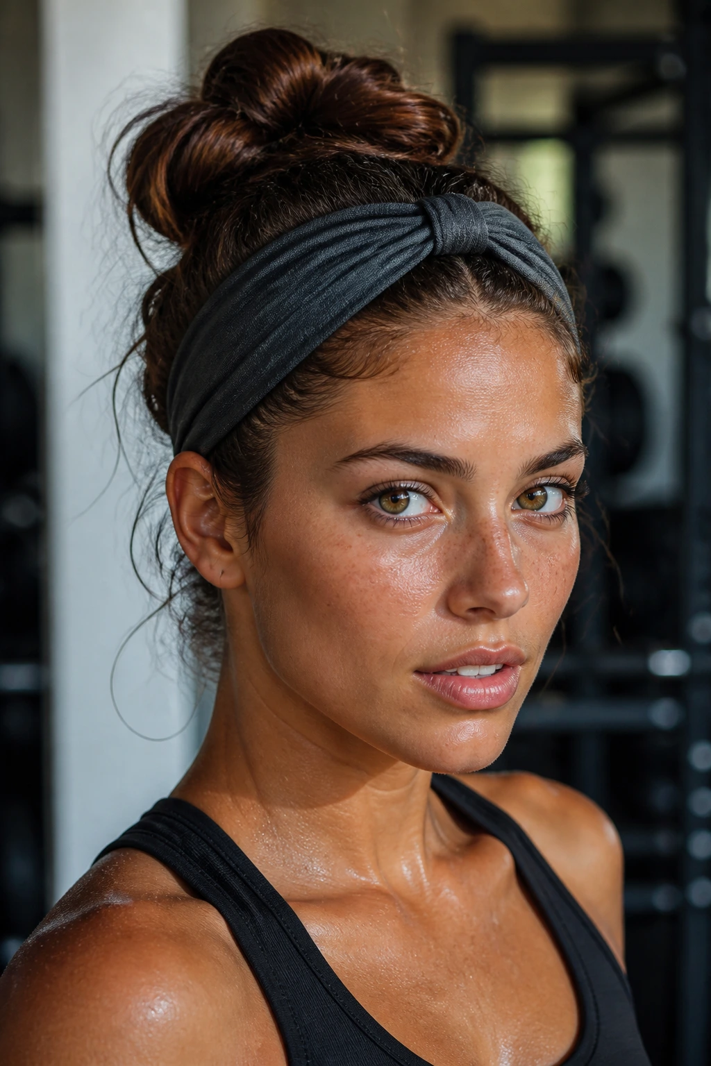 Close-up of a real woman wearing a knotted moisture-wicking headband during workout