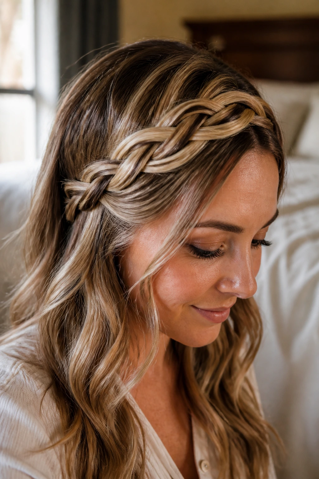 Close-up of a real woman wearing a knotted headband braid with highlighted hair in soft natural light.