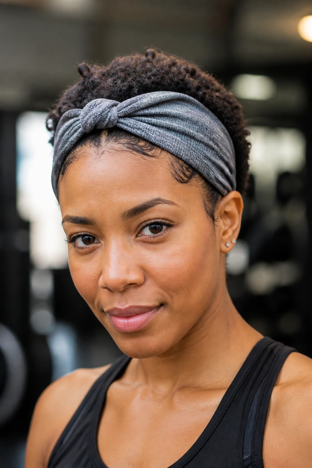 Close-up of real person with knotted headband wrap and twists on short hair in gym