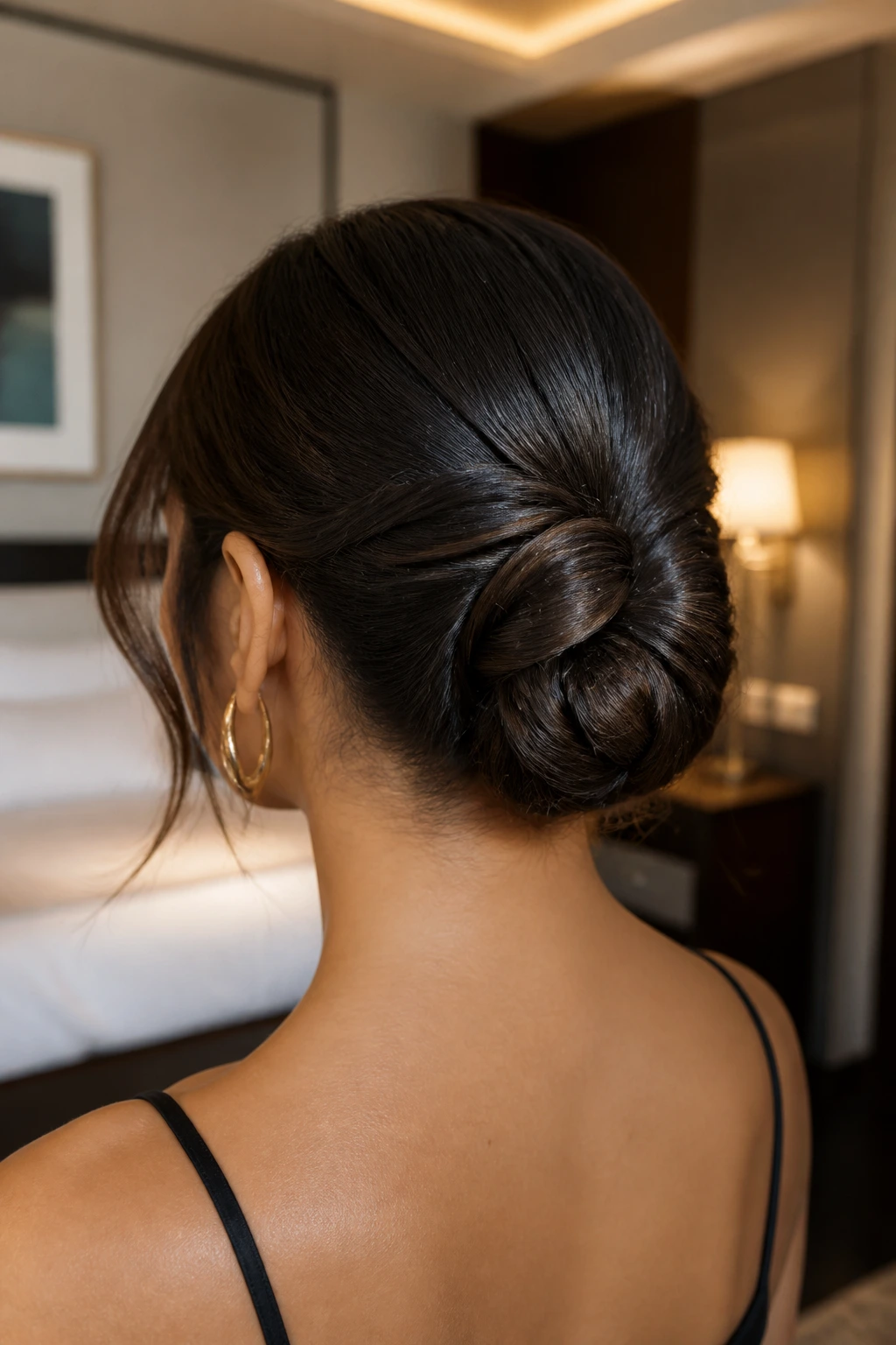 Rear three-quarter view of a woman with a knotted low bun