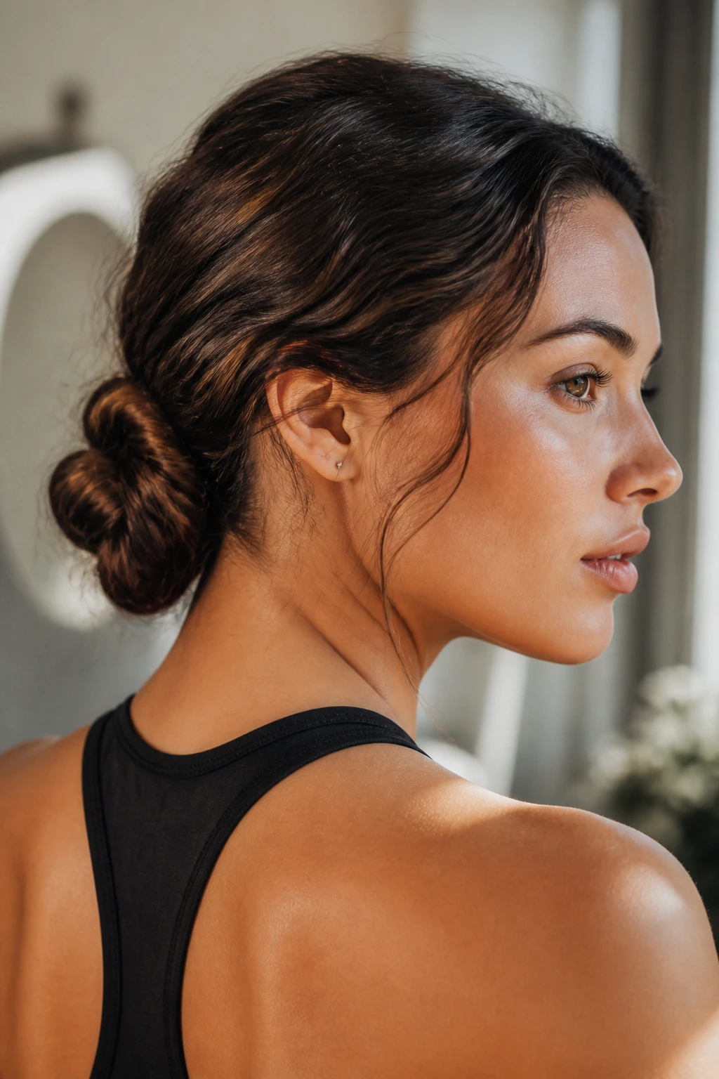 Close-up of a real woman wearing a knotted low chignon at the nape