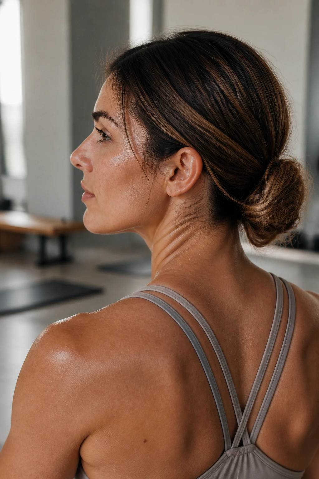 Close-up of a real woman wearing a knotted low chignon for gym workouts