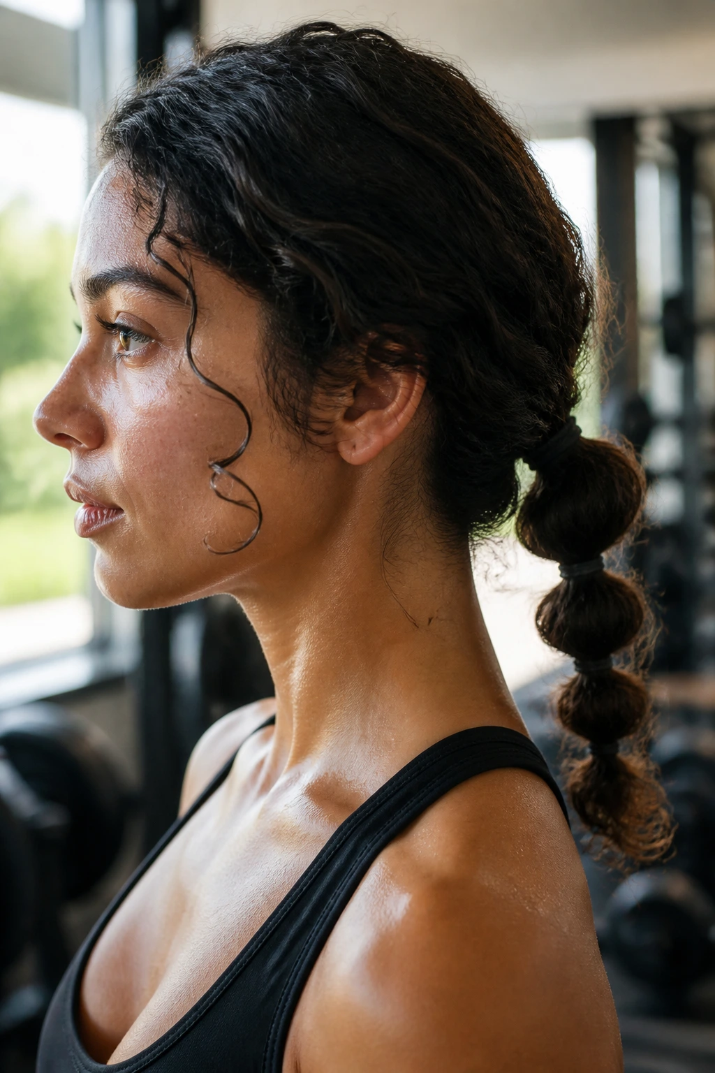 Close-up of a real woman with a knotted low pony in a gym setting