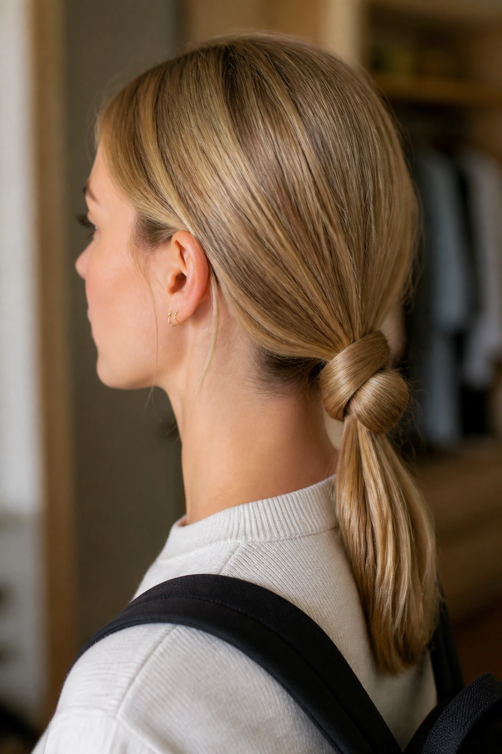 Close-up of a real person with a knotted low pony hairstyle