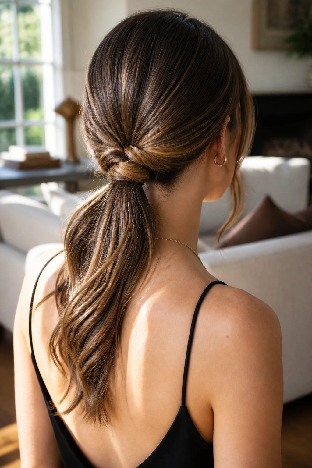 Rear view of a real woman with knotted low ponytail hairstyle