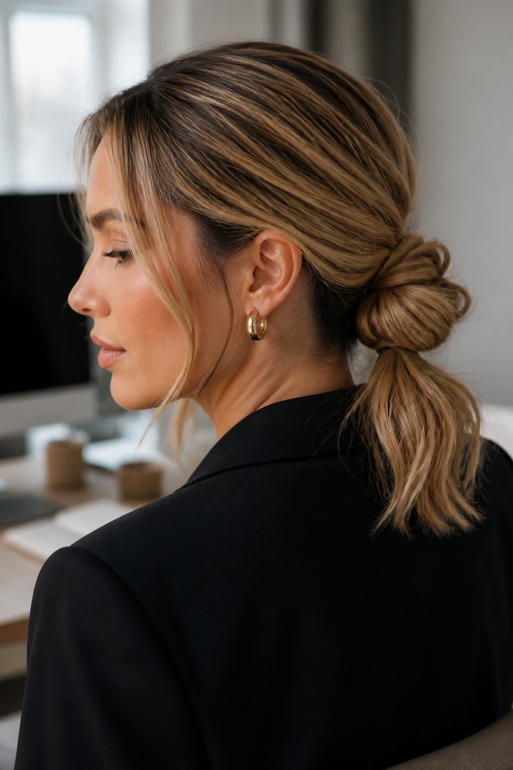Close-up portrait of a real woman wearing a knotted low ponytail bun at the nape.