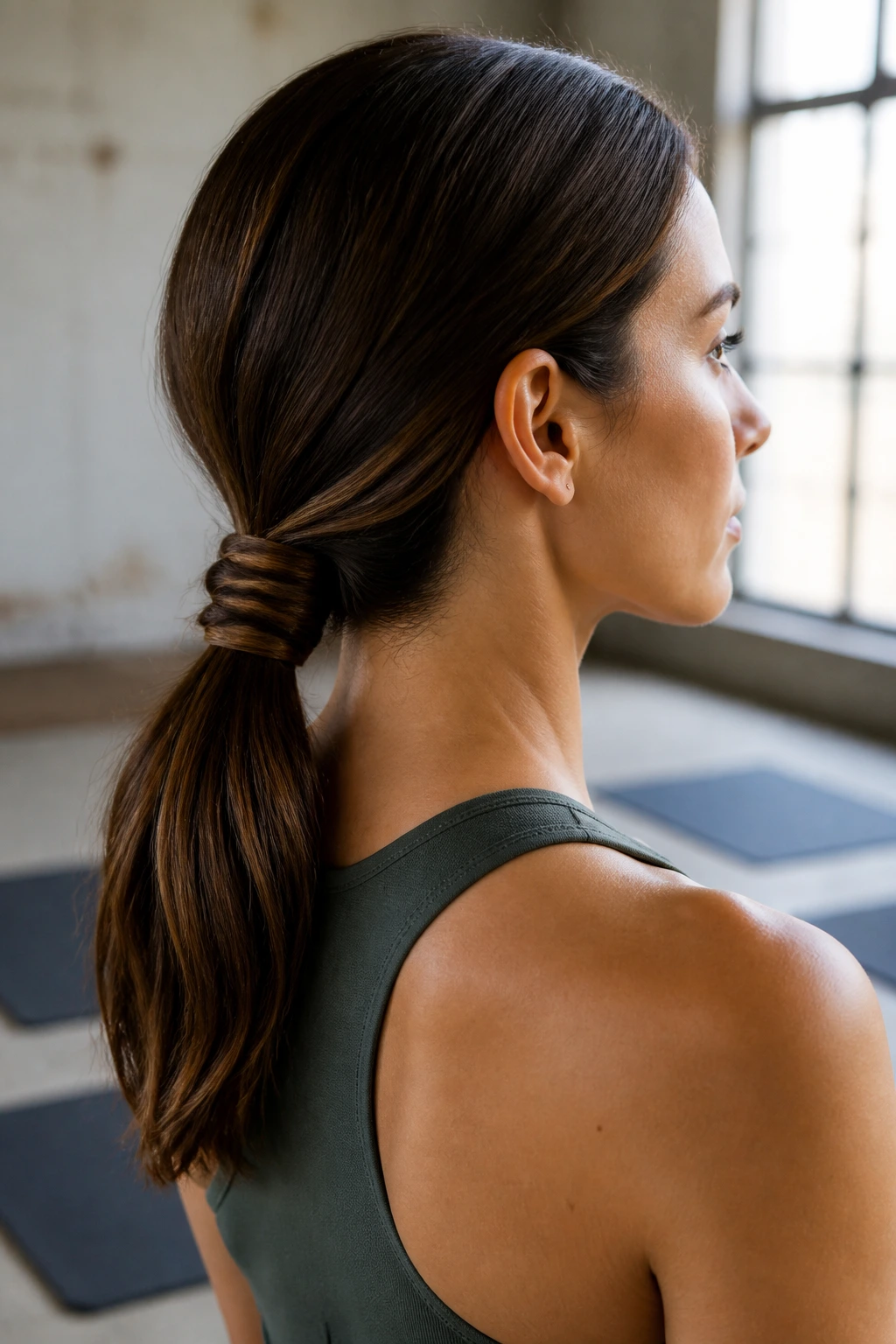 Close-up of a real woman showing a knotted low ponytail at the nape in a gym.