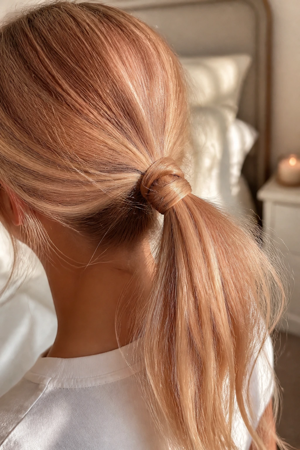 Close-up of real person with knotted ponytail at the base showing hair knot