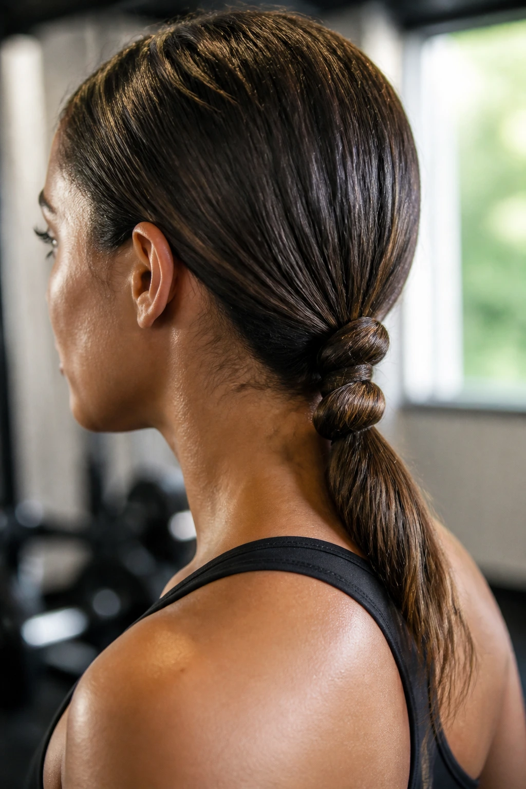 Close-up of a real woman's knotted low ponytail during a workout